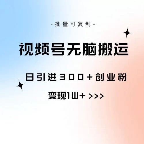 视频号无脑搬运日引300+创业粉，变现1W+可批量复制